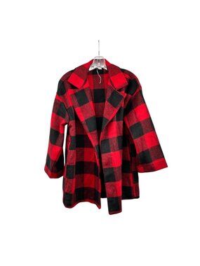 FAVLUX Womens Buffalo Check Coat Red/Black Open Front Size Small Pockets